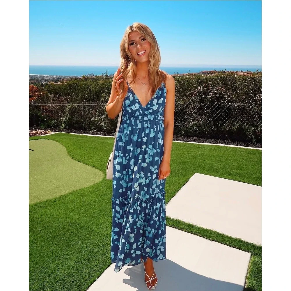 Abercrombie & Fitch Blue Floral Petal V-Neck Tiered Maxi Dress Large L